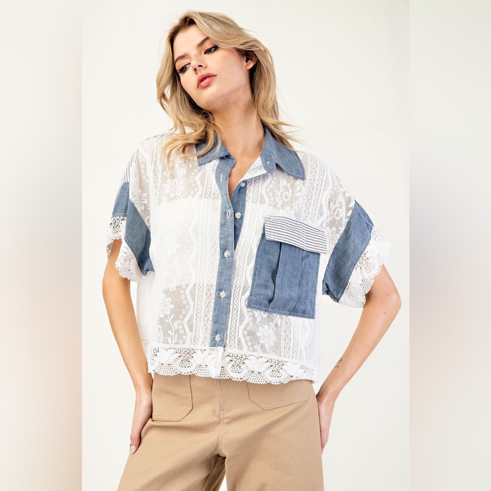 Lace and Denim Colorblock Button Down Blouse - eesome - Picture 5 of 7